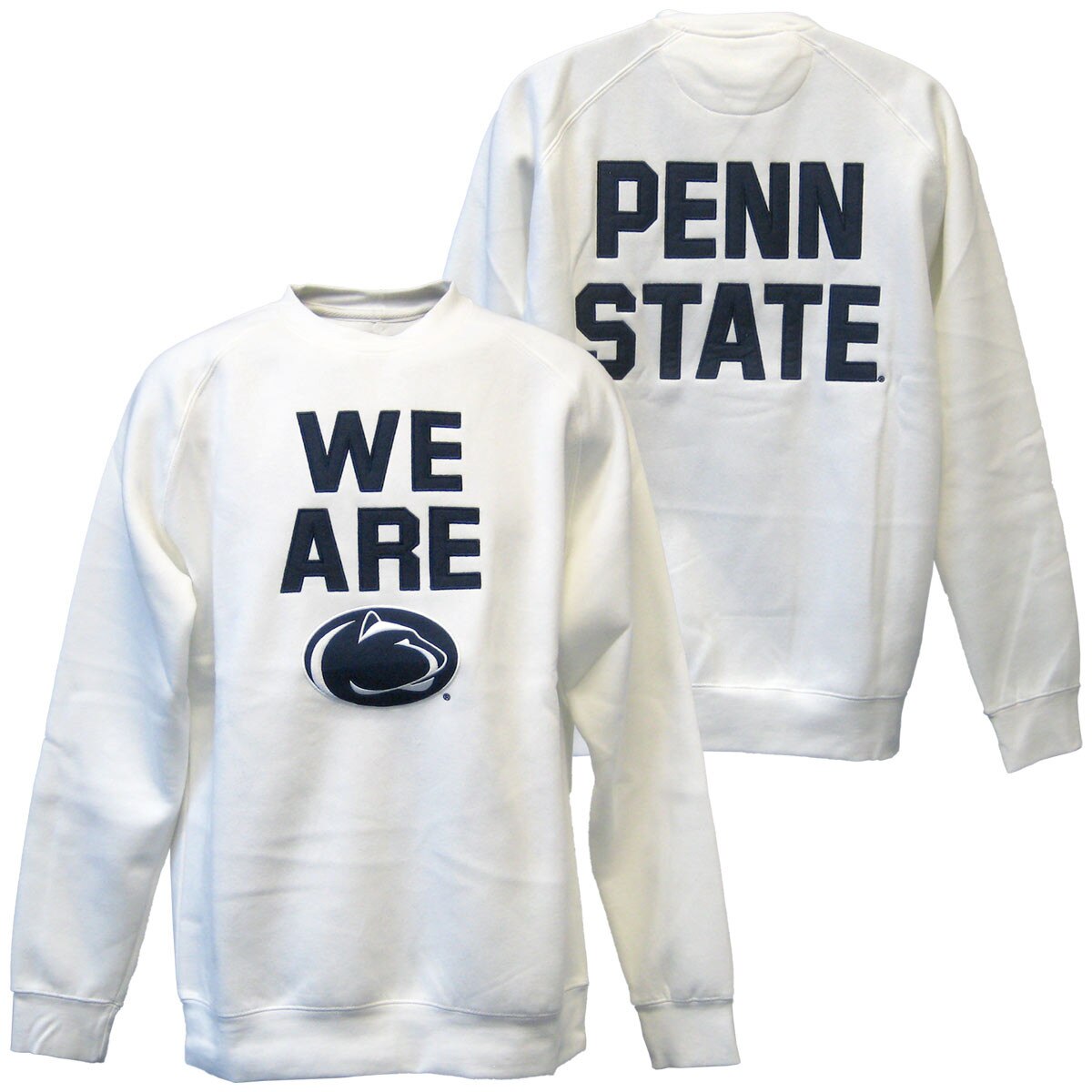 white crew neck sweatshirt We Are & Athletic Logo on front, Penn State on back